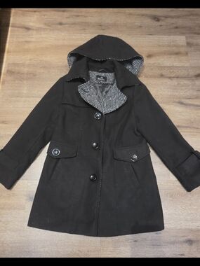 Niccolini Black & Houndstooth Hooded Wool-Blend Pea Coat – Women's Size 10